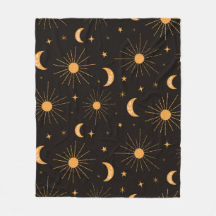 Boho orange sun and moon pattern fleece blanket