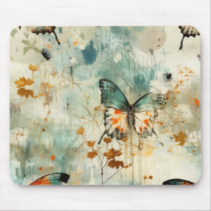 Boho Orange Teal Butterfly Wildflower Painterly Mouse Mat