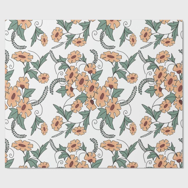 Boho Orange & Teal Floral Botanical Wrapping Paper (Flat)