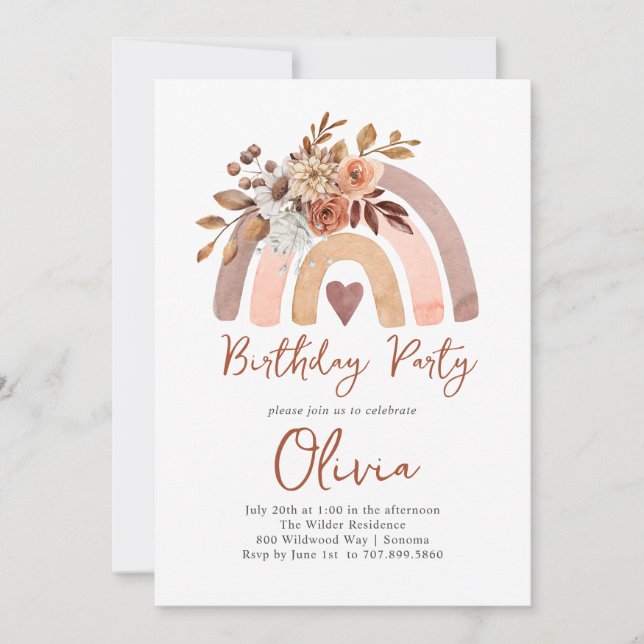 Boho Orange Terracotta Rainbow Girl's Birthday Invitation (Front)