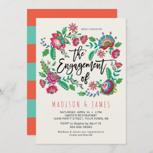 Boho Orange & Turquoise stripe Floral Engagement Invitation