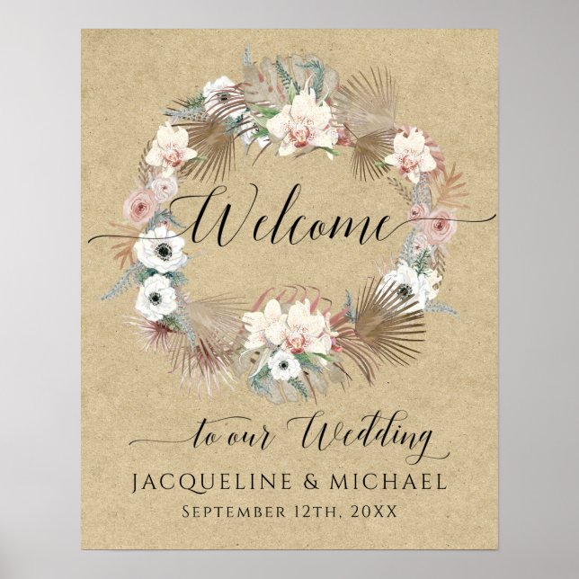 BOHO Orchid Floral Palm Greenery Welcome Wedding Poster (Front)