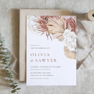 Boho Orchids and Dried Palm Leaves QR Code Wedding Invitation