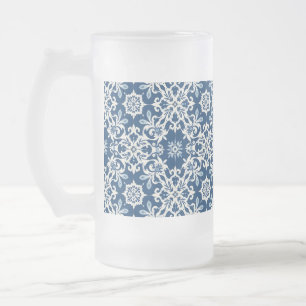 Boho Ornament Pattern in White-Blue Vintage Frosted Glass Beer Mug
