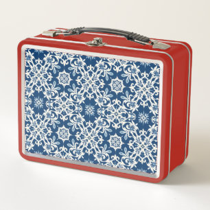 Boho Ornament Pattern in White-Blue Vintage Metal Lunch Box