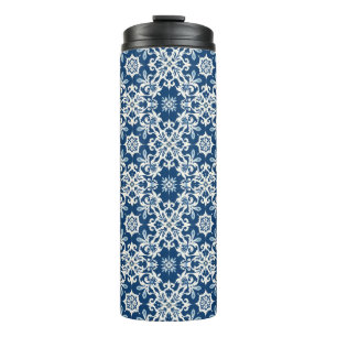Boho Ornament Pattern in White-Blue Vintage Thermal Tumbler