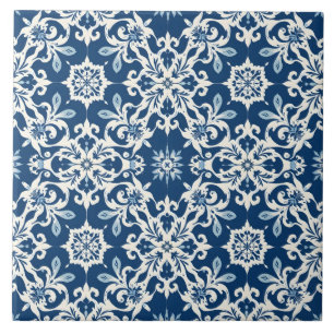 Boho Ornament Pattern in White-Blue Vintage Tile