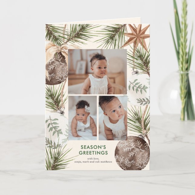 Boho Ornaments and Pines Surround Holiday Card (Front)