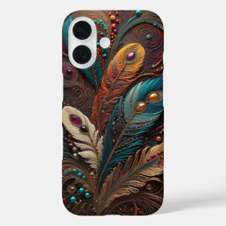 Boho Ornate Metallic Teal Orange Leather iPhone 16 Case