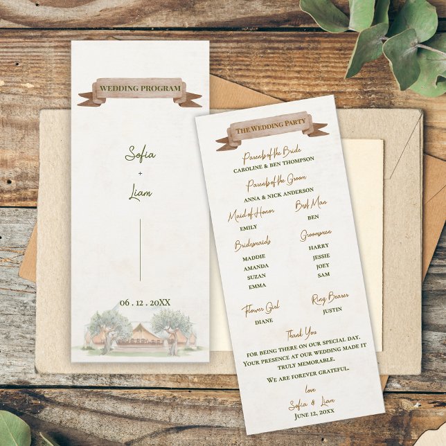 Boho Outdoor Rustic Tent Wedding Ceremony Program Invitation (Boho Outdoor Tent Wedding Program Card | Rustic Watercolor Camp Ceremony Order of Events Card)