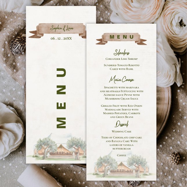 Boho Outdoor Tent Rustic Camp Wedding Reception  Menu (Boho Outdoor Tent Wedding Menu Card | Rustic Watercolor Camp Wedding Reception Menu)