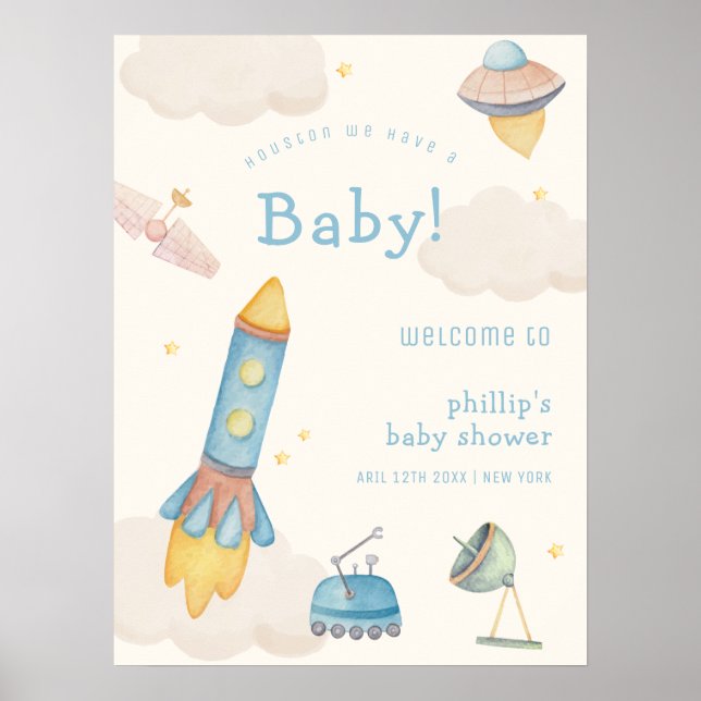 Boho Outer Space Rocket Boy Baby Shower Welcome Poster (Front)