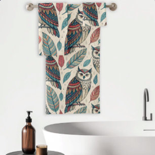 Boho Owl Leaf Pattern Teal Rust Beige Bath Towel Set