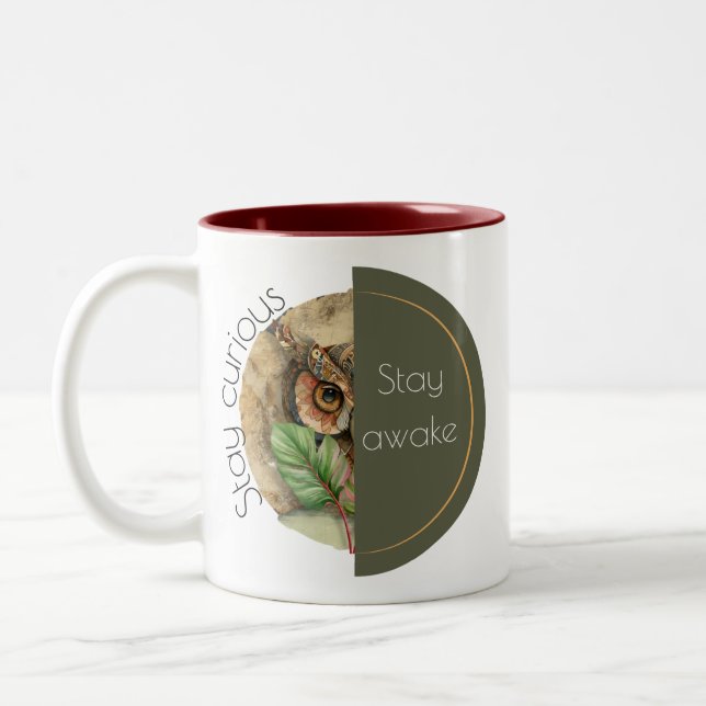 Boho Owl “Stay Awake” Art Two-Tone Coffee Mug (Left)