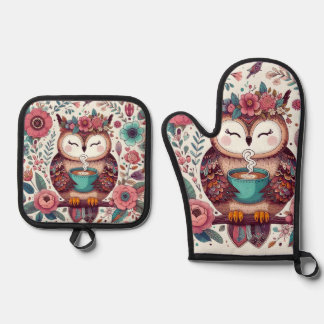 Boho Owl with a Cup of Coffee Pot Holders; Oven Mitt & Pot Holder Set