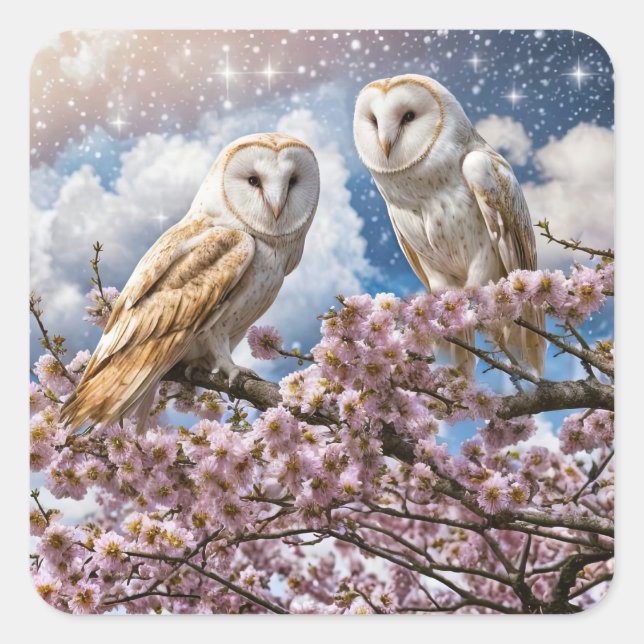 Boho Owls in Flowers Blooms Square Sticker (Front)