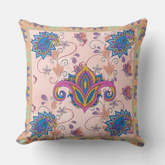 Boho paisley and elephant pattern_lmandala artwork cushion (Front)
