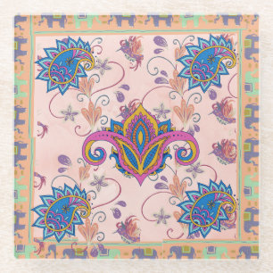 Boho paisley and elephant pattern_lmandala artwork glass coaster