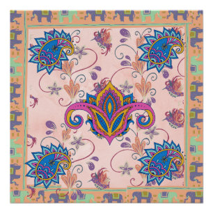 Boho paisley and elephant pattern_lmandala artwork poster