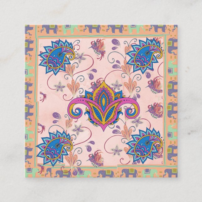Boho paisley and elephant pattern_lmandala artwork square business card (Front)