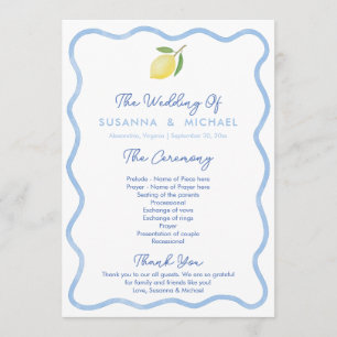 Boho Pale Blue Wavy Border Lemons Wedding Programme