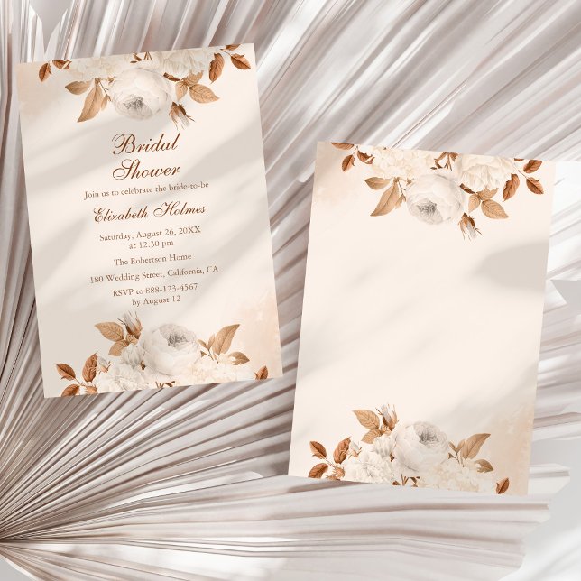 Boho Pale Peach Terracotta Floral Bridal Shower Invitation (Boho Pale Peach Terracotta Floral Bridal Shower Invitation on a sunny white dry palm leaf.)