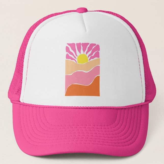 Boho pale pink and orange sunset  trucker hat (Front)