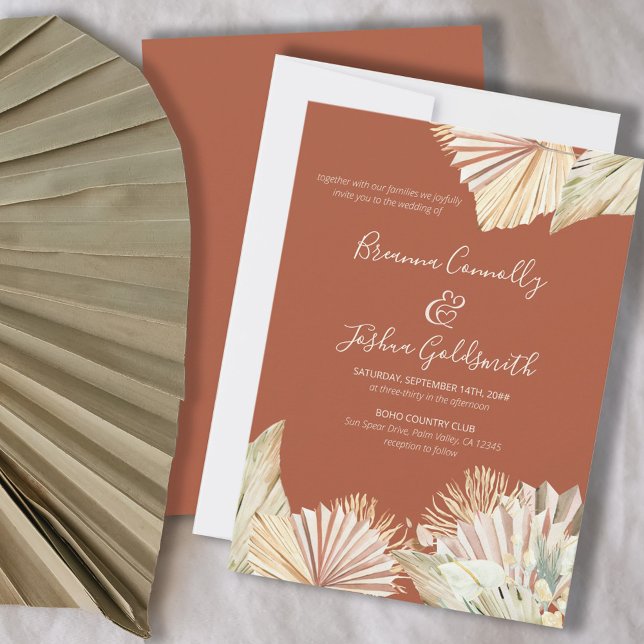 Boho Palm Airy Dried Foliage Terracotta Wedding Invitation (Creator Uploaded)