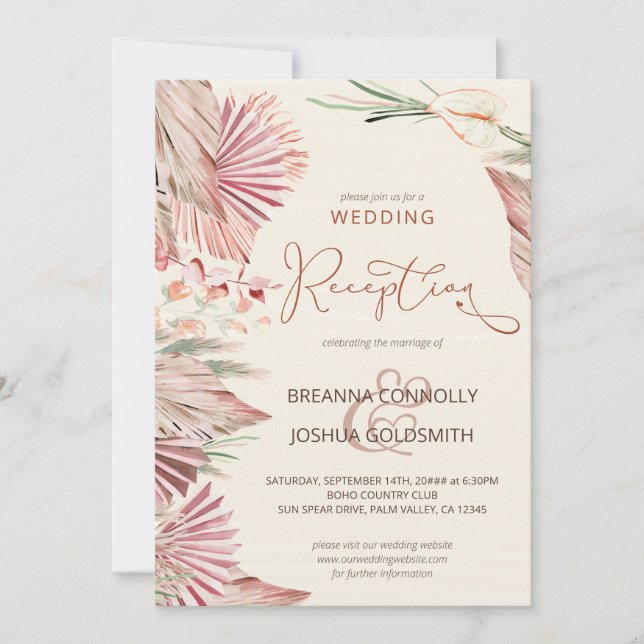 Boho Palm Dried Foliage Wedding Reception Only Invitation (Front)