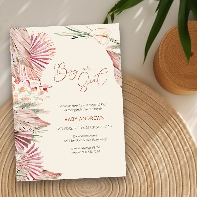 Boho Palm Dried Tropical Foliage Gender Reveal Invitation (Neutral Gender Reveal Invitation with boho palm leaves)