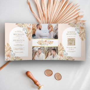 Boho Palm Dusty Earthy Floral Arch QR Code Wedding Tri-Fold Invitation