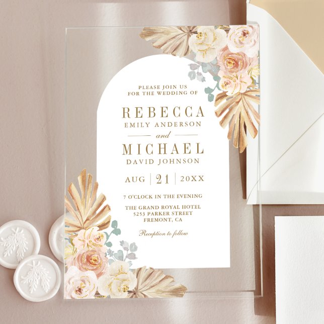 Boho Palm Dusty Earthy Floral Arch Wedding Acrylic Invitations (Creator Uploaded)