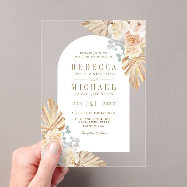 Boho Palm Dusty Earthy Floral Arch Wedding Acrylic Invitations (Insitu (Handheld))