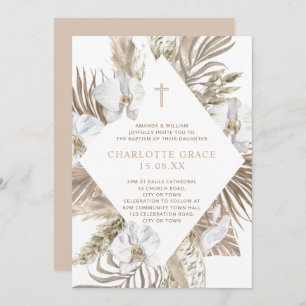 Boho Palm Floral Baptism Pink Terracotta Invitation