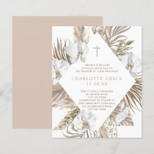 Boho Palm Floral Girl Baptism Pink Tan Invitation