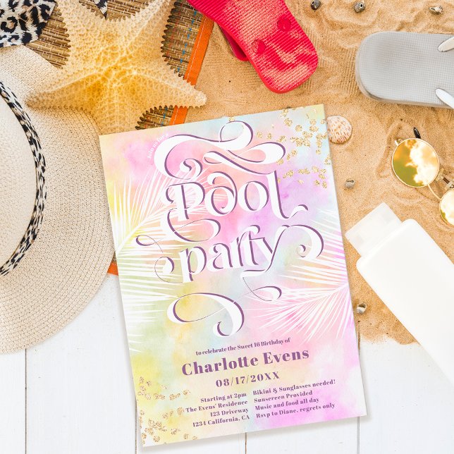 Boho palm fun pool party script swirls Sweet 16 Invitation (Creator Uploaded)