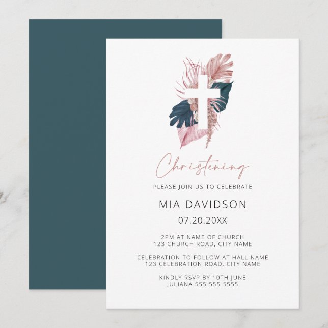 Boho Palm Green Pink Watercolor Floral Christening Invitation (Front/Back)