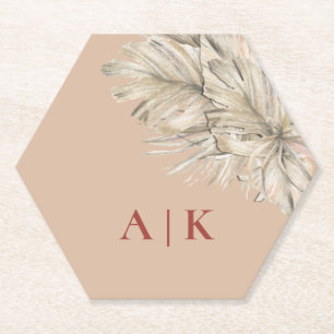 Boho Palm Hexagon Blush Monogrammed Paper Coaster