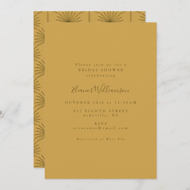 Boho Palm Leaf Botanical Yellow Bridal Shower Invitation (Front/Back)