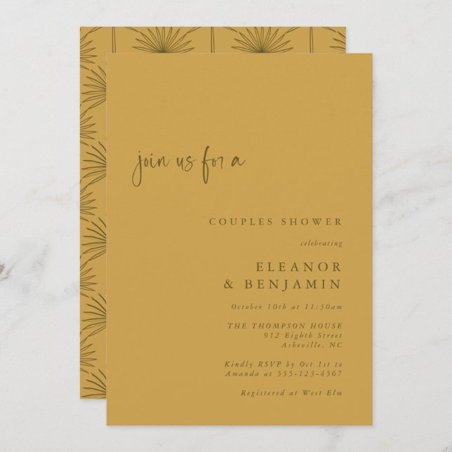 Boho Palm Leaf Botanical Yellow Couples Shower Invitation (Front/Back)