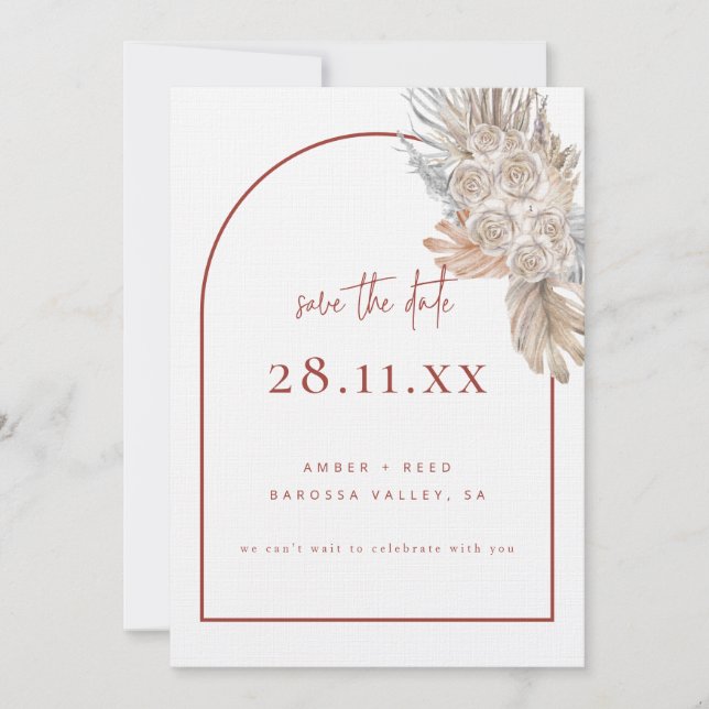 Boho Palm Leaf Floral Terracotta Modern Arch Save The Date (Front)
