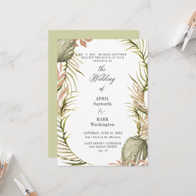 Boho Palm Leaf Greenery Wedding  Invitation (Front/Back In Situ)