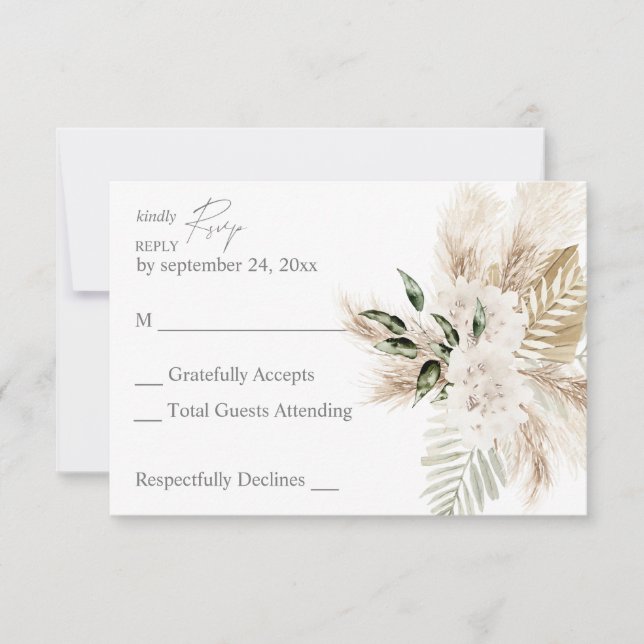 Boho Palm Leaf & Pampas & Beige Floral no Meal RSVP Card (Front)