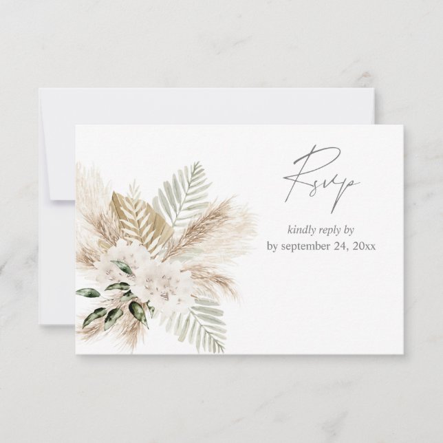Boho Palm Leaf Pampas & Beige Floral with Meal RSV RSVP Card (Front)