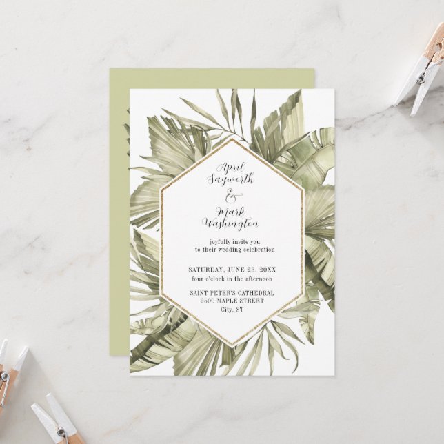 Boho Palm Leaf Wedding Frame Invitation (Front/Back In Situ)