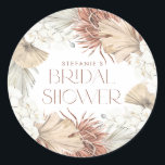 Boho Palm Leaves and Orchids Wreath Bridal Shower Classic Round Sticker<br><div class="desc">This watercolor bridal shower sticker features a watercolor wreath of white orchids, dried palm leaves, and pampas grass in soft, neutral tones. Perfect for sealing favour bags, gift boxes, or envelopes, the design complements rustic, boho, or garden bridal shower themes. You can easily customise the text with the bride’s name,...</div>