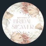 Boho Palm Leaves and Orchids Wreath Bridal Shower Classic Round Sticker<br><div class="desc">This watercolor bridal shower sticker features a watercolor wreath of white orchids, dried palm leaves, and pampas grass in soft, neutral tones. Perfect for sealing favour bags, gift boxes, or envelopes, the design complements rustic, boho, or garden bridal shower themes. You can easily customise the text with the bride’s name,...</div>