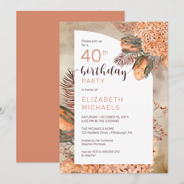 Boho Palm Leaves | Hydrangeas 40th Birthday Party Invitation (Front/Back)