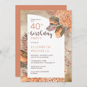 Boho Palm Leaves Hydrangeas 40th Birthday Party Invitation