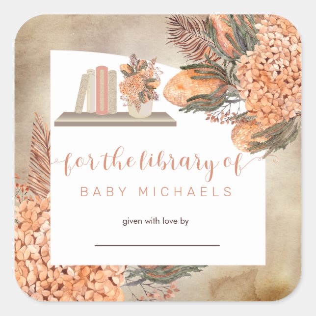 Boho Palm Leaves |Hydrangeas Baby Shower Bookplate Square Sticker (Front)